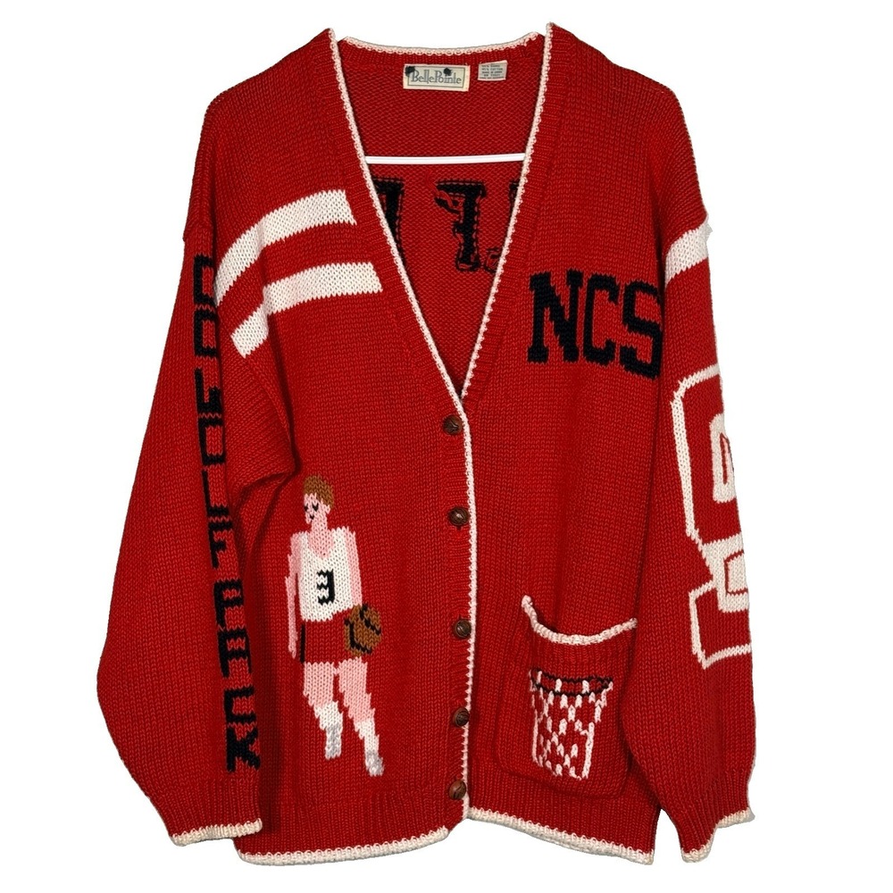 Vintage Belle Pointe NC State Wolfpack Cardigan Sweater L Red Basketball USA 90s